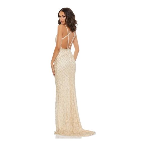 MAC DUGGAL Dress WMNS 8 Nude Lattice Open‎ Back Beaded Maxi Gown Train Sexy - Picture 3 of 13